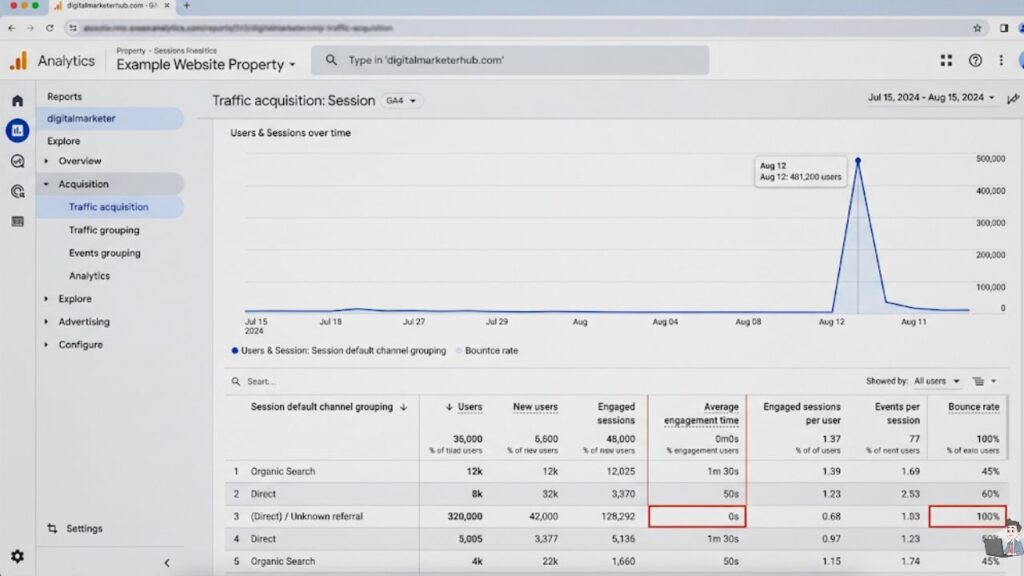 A screenshot of your actual Google Analytics 4 (GA4) dashboard. Show a graph with a massive traffic spike, and a data table showing a 100% bounce rate or a 0-second engagement time.