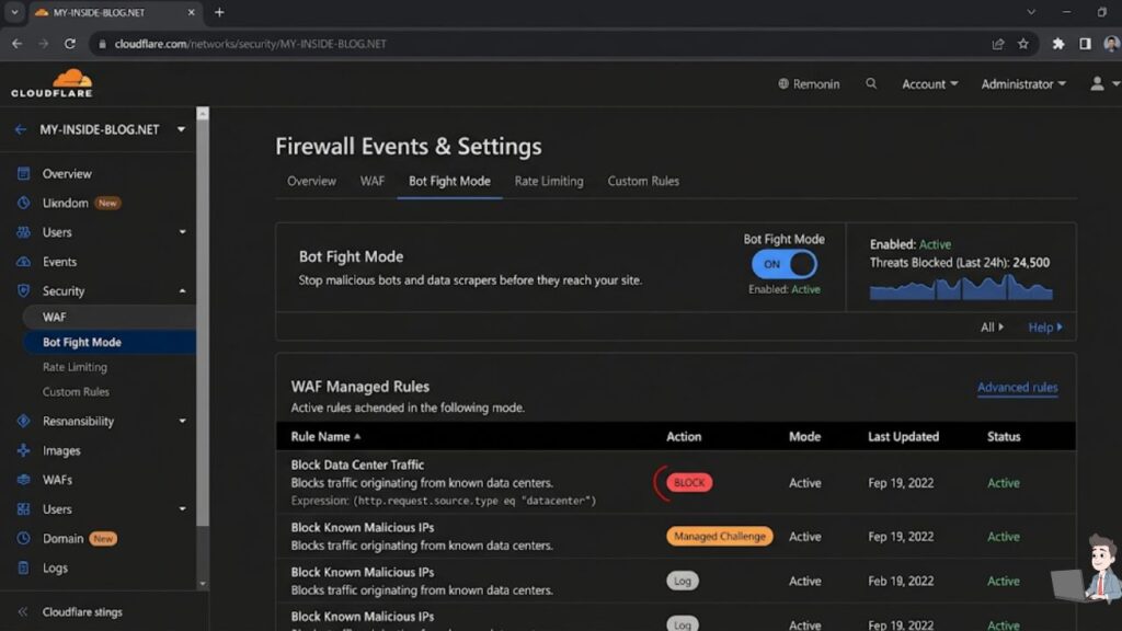 A screenshot of the Cloudflare dashboard (or your specific firewall tool). Specifically, show the "Bot Fight Mode" toggled to ON, or show the WAF rules page where a rule is actively blocking a data center.