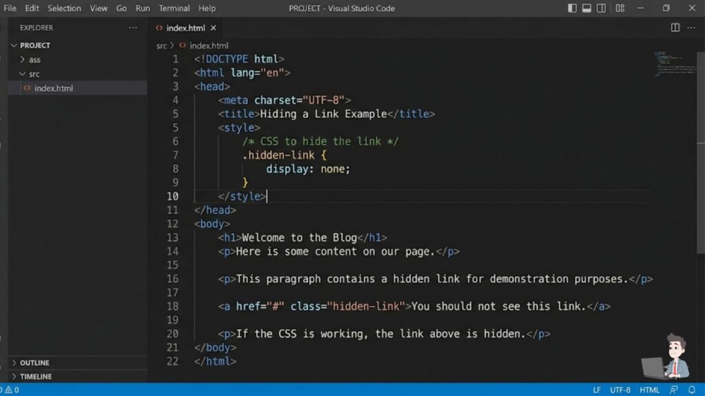 clean, dark-mode screenshot of a code editor showing the simple HTML/CSS used to hide a link.