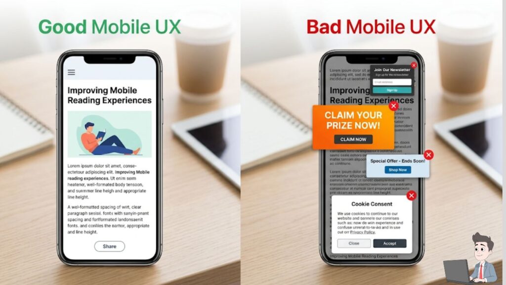 A professional graphic showing a side-by-side comparison of two smartphone screens. One screen should show a clean, easy-to-read article layout (Good UX). The other screen should show a cluttered, chaotic layout covered in confusing pop-ups and dense, unformatted text (Bad UX)
