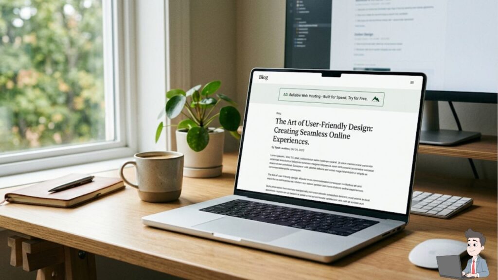 An editorial-style image of a clean, modern desk setup. The focus should be a laptop screen displaying a fast-loading, perfectly formatted blog post with a well-placed, non-intrusive banner ad space