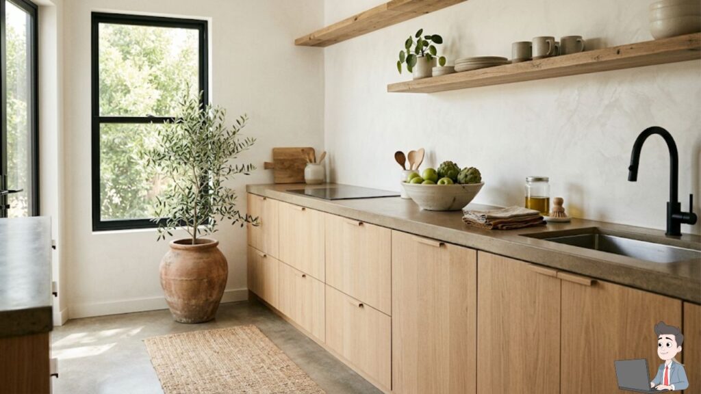 A clean, high-resolution original photograph or high-end 3D rendering of a "minimalist organic kitchen" or a "curated design mood board," matching the exact examples you used in your first paragraph.