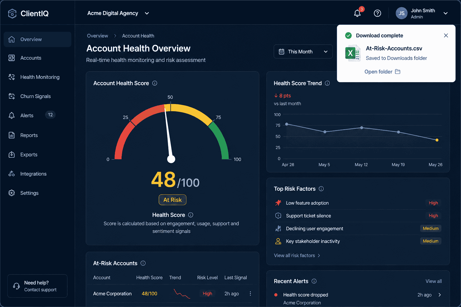 A high-fidelity UI mockup of a proprietary SaaS dashboard. It displays a gauge chart for a specific account. The needle points to a yellow/red transition zone labeled "Health Score: 48/100." A small notification pop-up in the corner shows a CSV file titled At-Risk-Accounts.csv successfully saving to the system's "Downloads" folder.