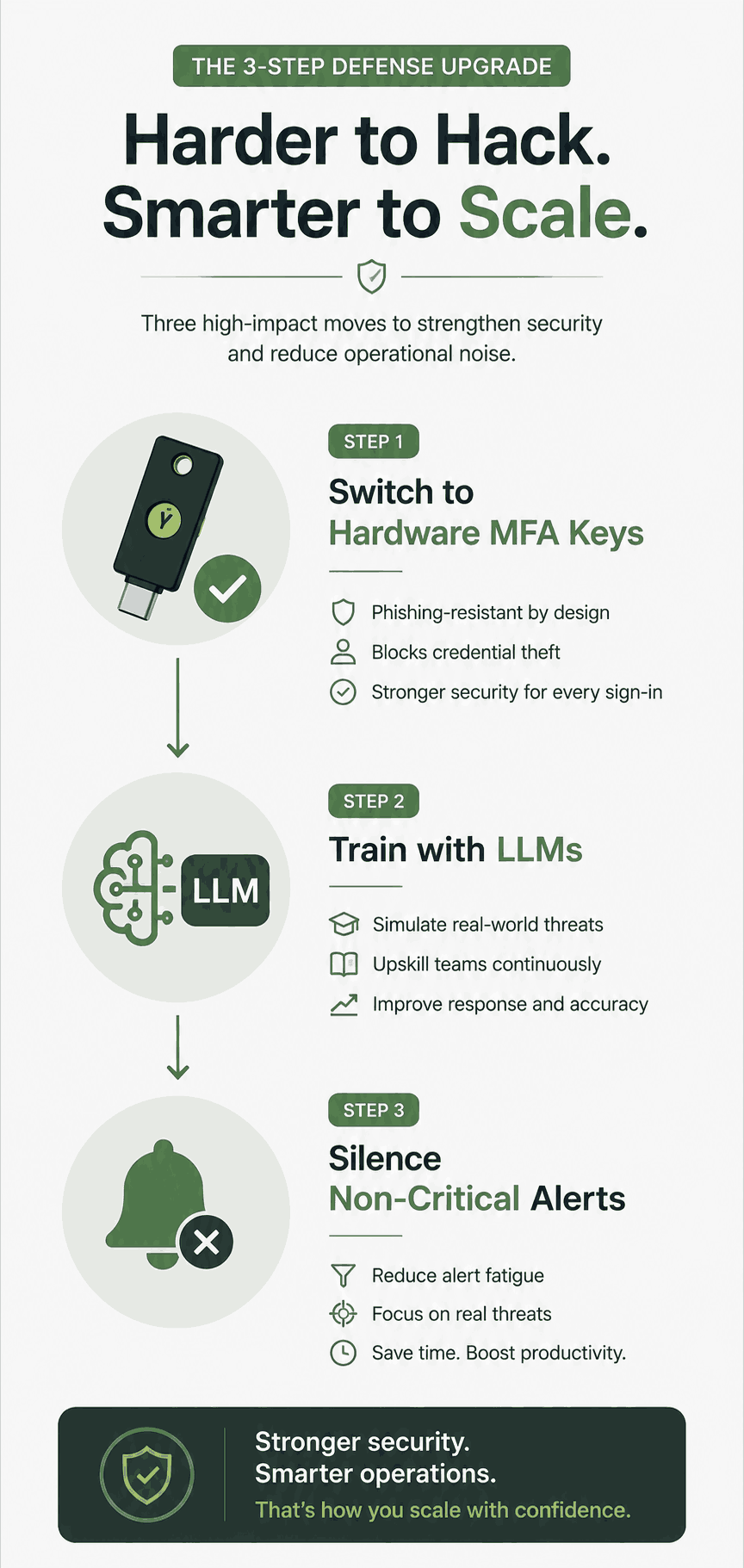 A highly scannable, vertical infographic (Pinterest optimized). It shows a clean 3-step flowchart using minimalist icons: 1. Switch to Hardware MFA Keys. 2. Train with LLMs. 3. Silence Non-Critical Alerts. Use your signature sage green to highlight the action steps.