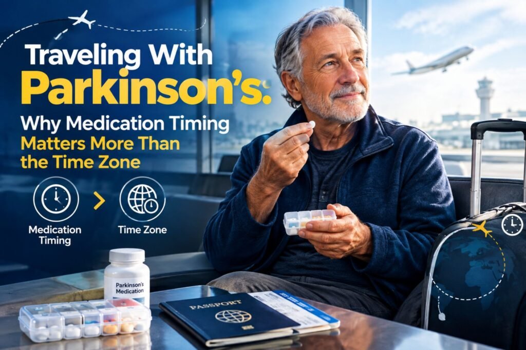 Older man holding medication while traveling, poster for a guide on traveling with Parkinson's