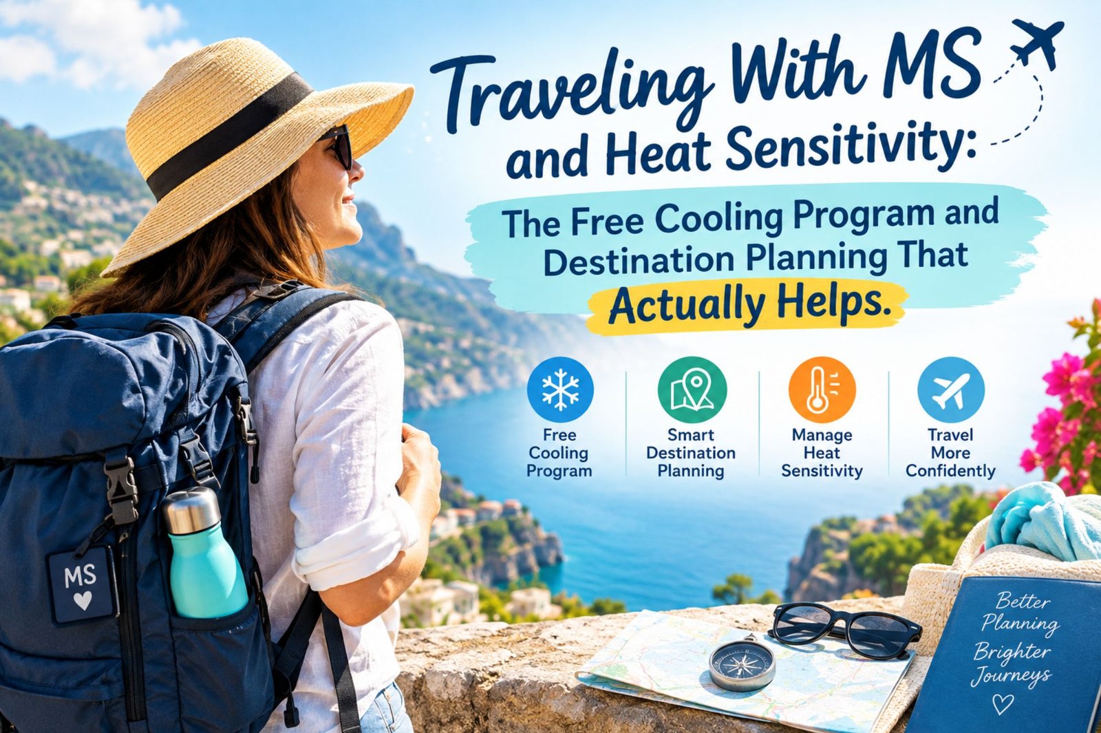 Woman in a sun hat at a tropical beach, poster for a guide on traveling with MS and heat sensitivity