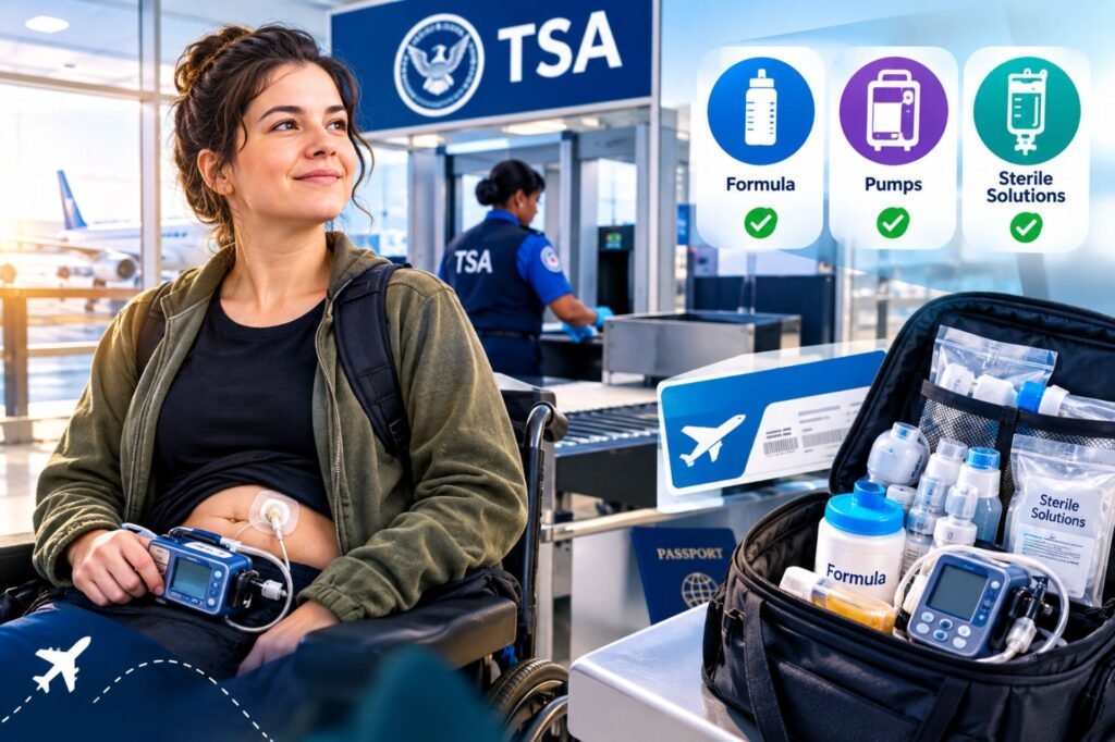 Woman with a feeding tube traveling through a TSA airport security checkpoint