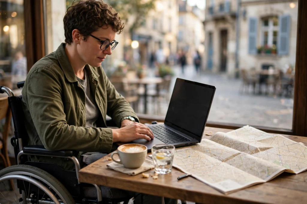 Wheelchair user researching a city map on a laptop at a cafe