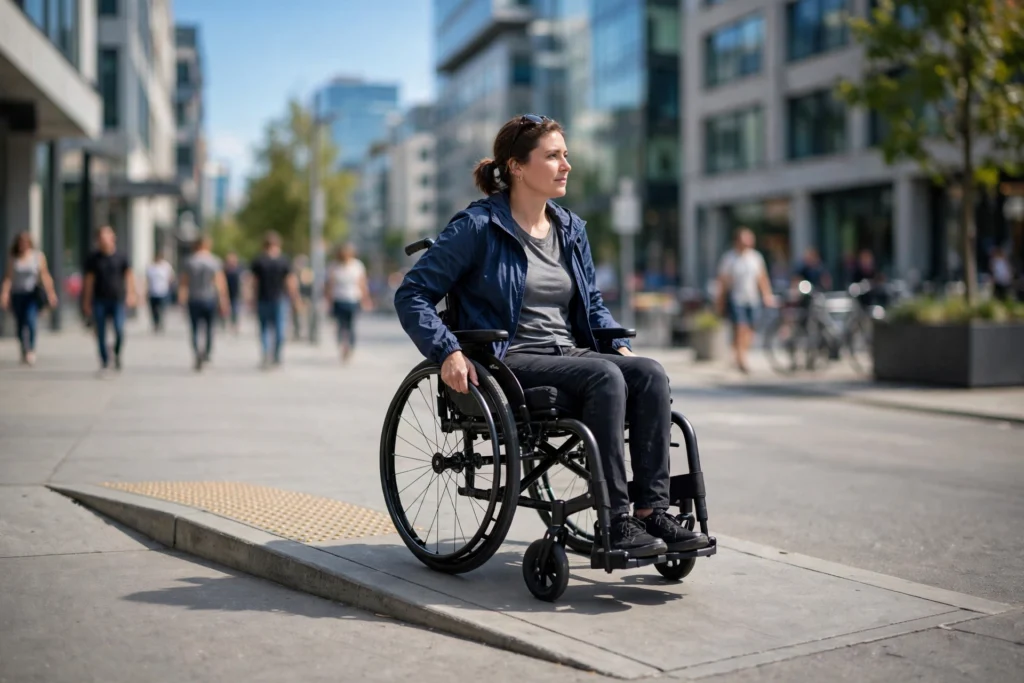 Wheelchair user on a smooth accessible city sidewalk with curb ramps