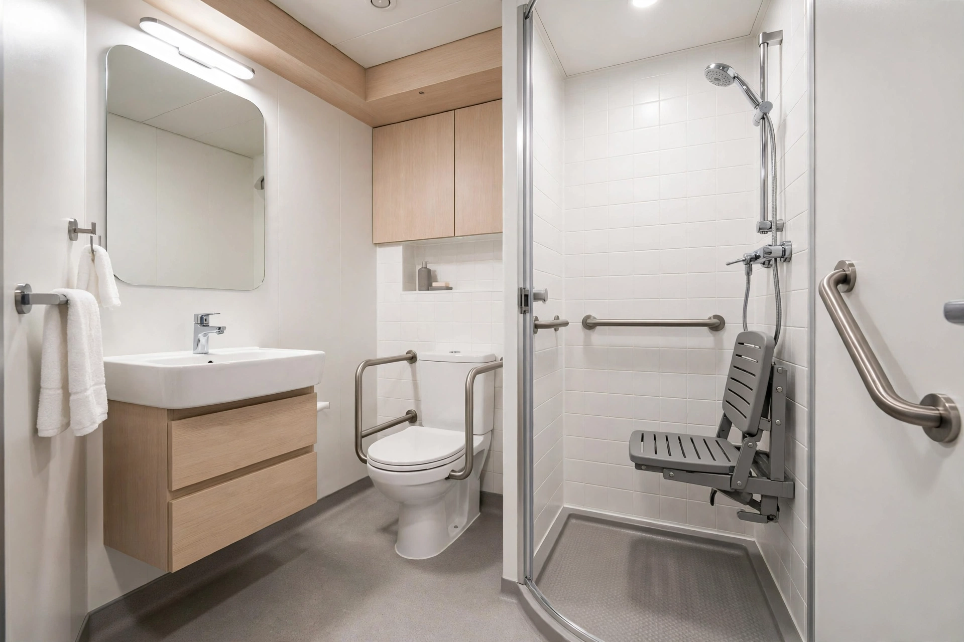 Accessible cruise ship cabin bathroom with roll-in shower, shower seat, and grab bars