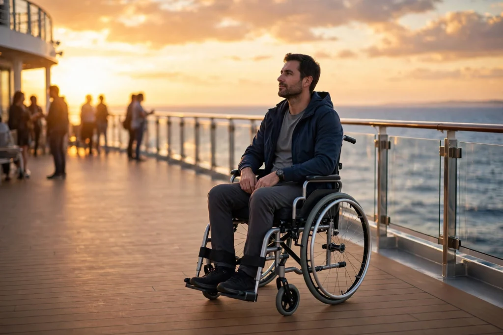 Wheelchair user enjoying the accessible deck of a cruise ship at sunset