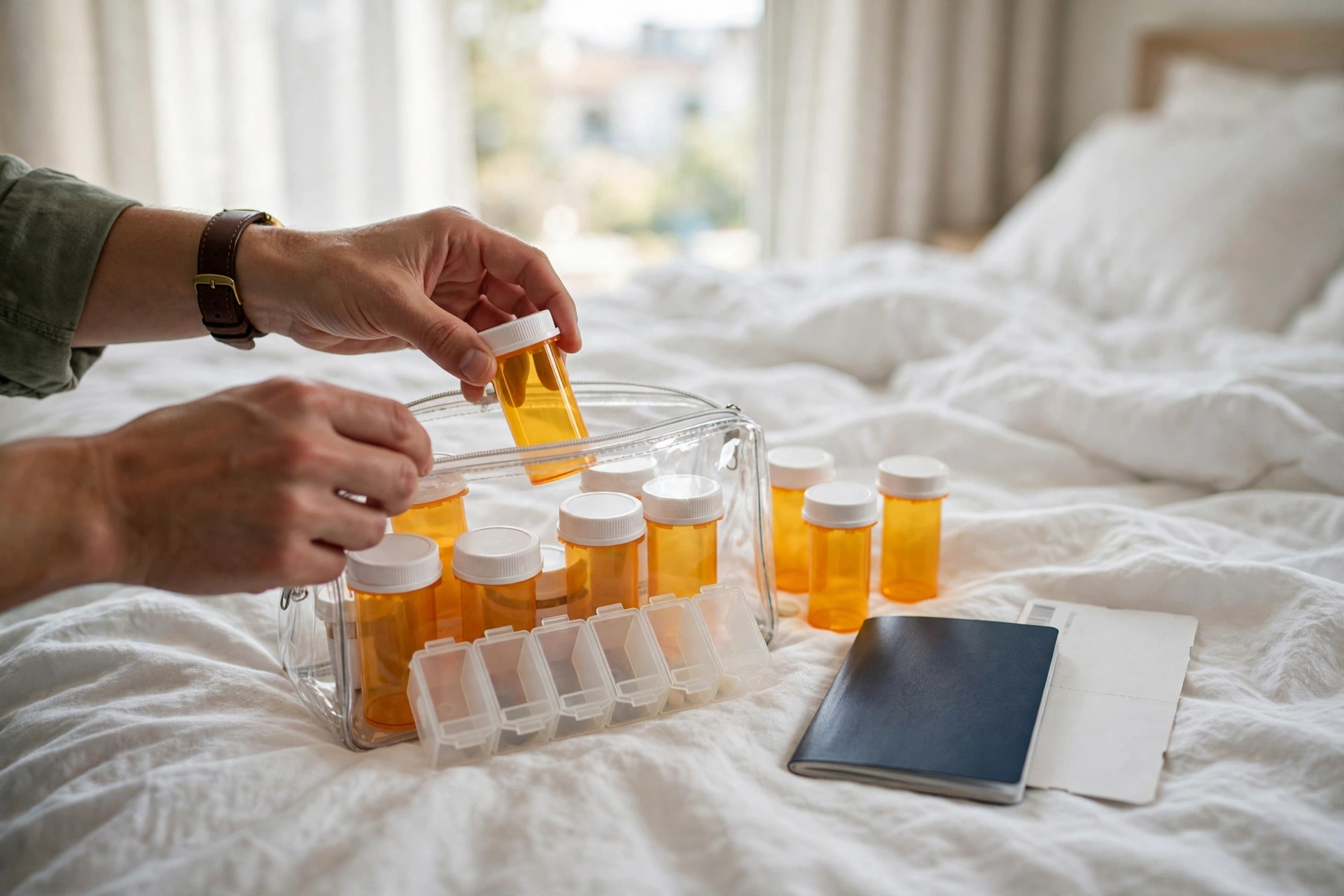 Traveler packing prescription medication bottles into a clear travel pouch on a hotel bed