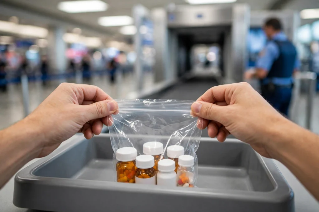 Traveler holding a clear bag of medication bottles at an airport security checkpoint