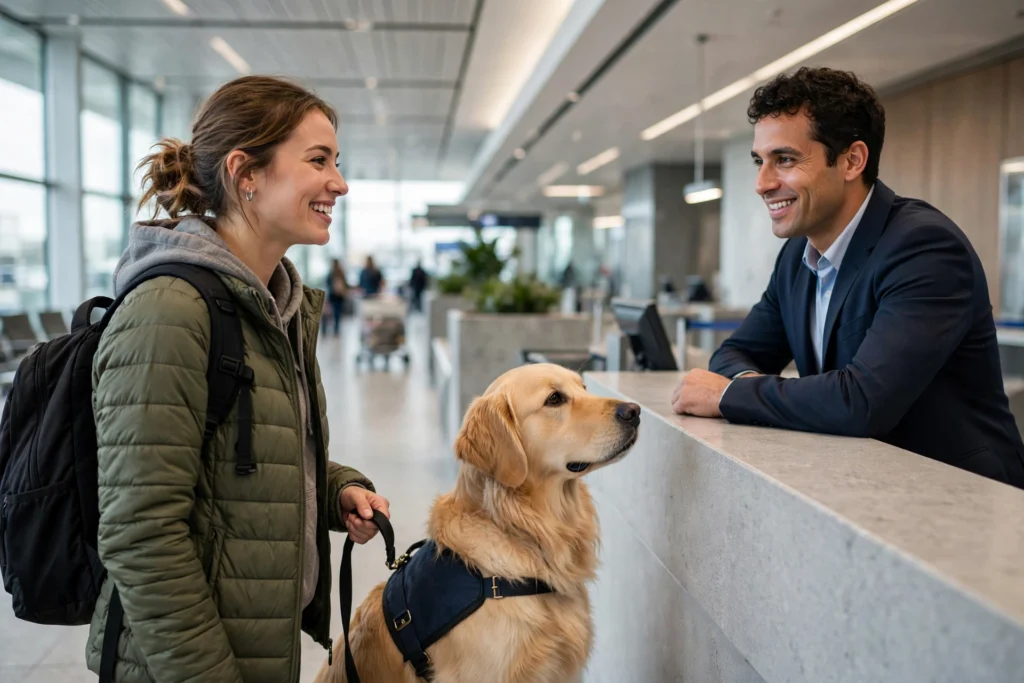 Traveler with a golden retriever service dog at an airline check-in counter