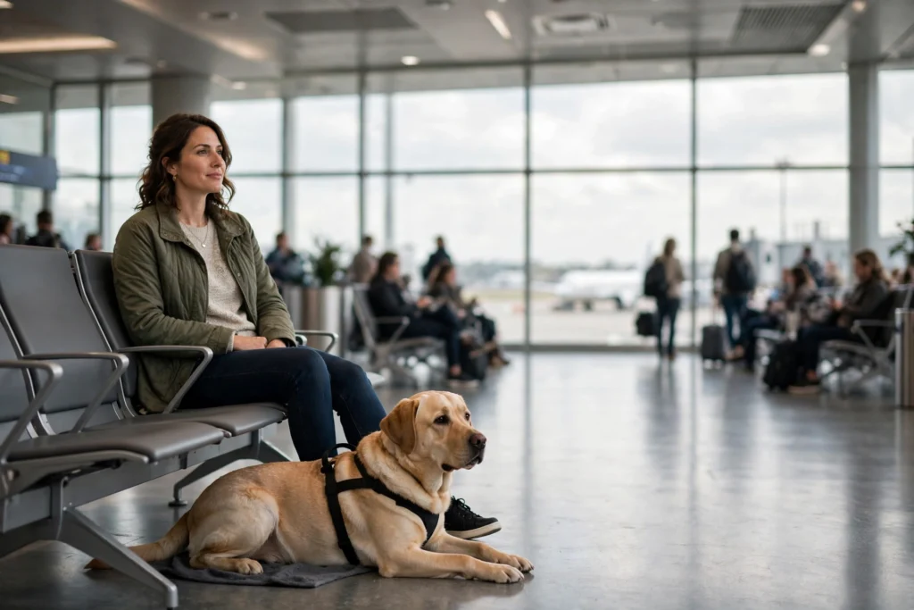 Traveler with a Labrador service dog waiting at an airport departure gate
