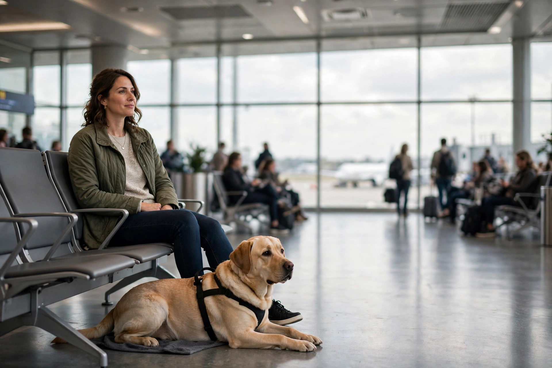 Traveler with a Labrador service dog waiting at an airport departure gate