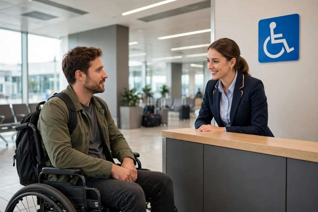 Airport Wheelchair Assistance: How to Request It and What to Expect 2 Traveler in a wheelchair speaking with airline staff at an assistance desk