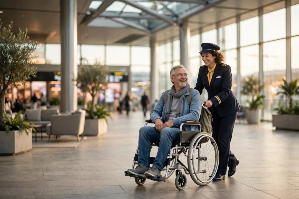 Airport staff member pushing a traveler in a wheelchair through a bright terminal