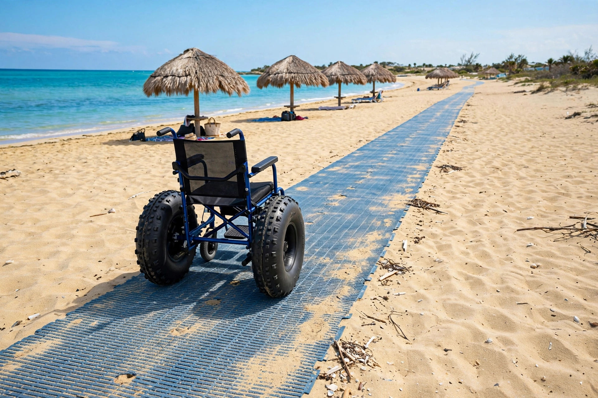 Beach wheelchair with balloon tires on a beach access mat leading toward turquoise water