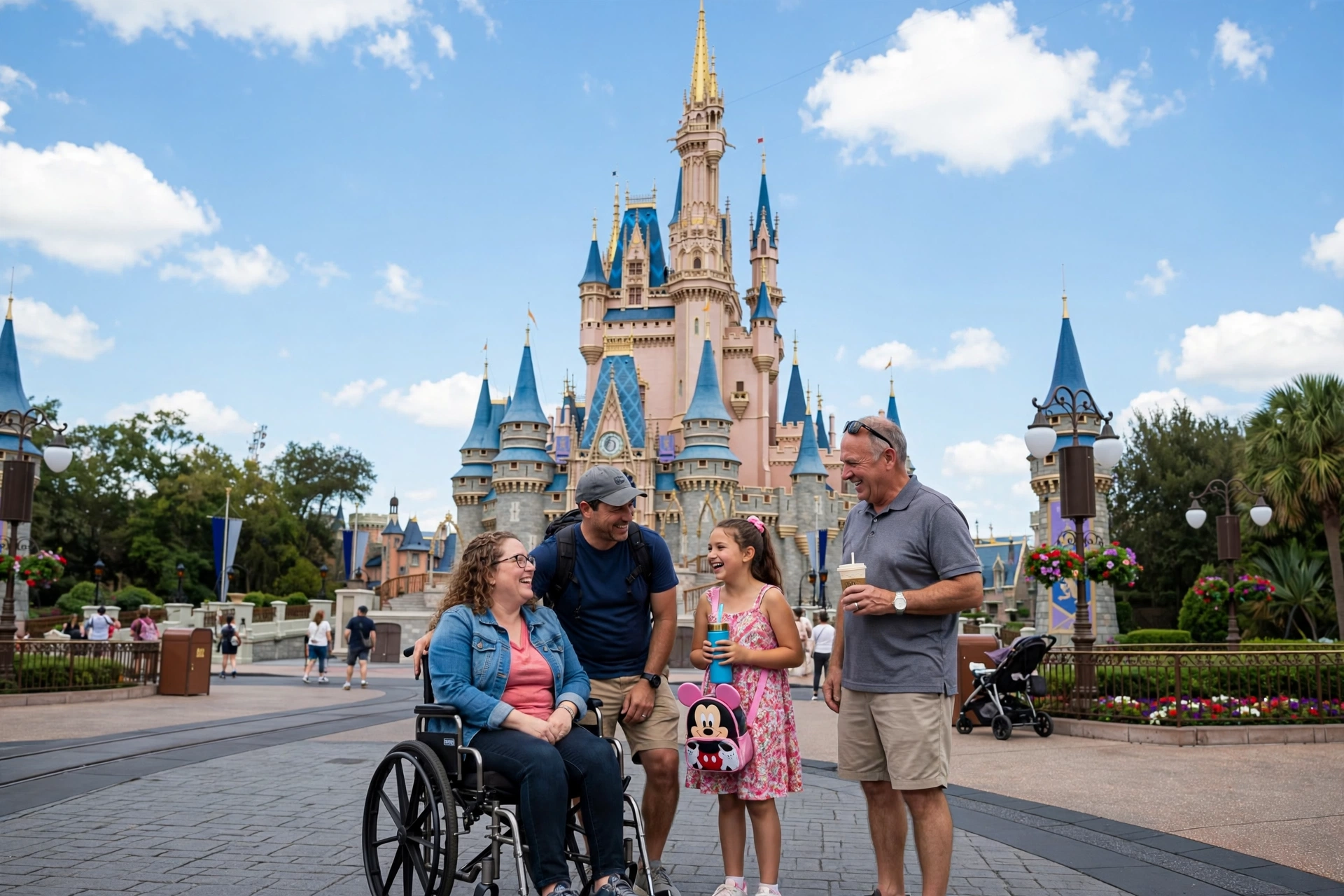 Cinderella Castle at Magic Kingdom with a family including a wheelchair user in the foreground