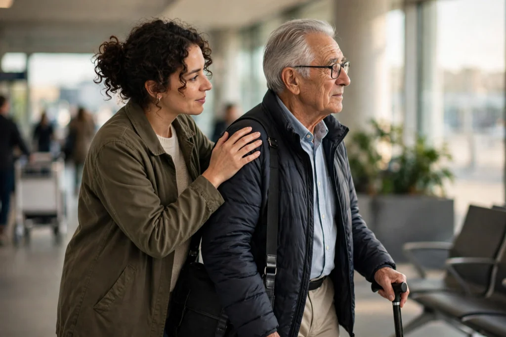 Caregiver gently guiding an elderly traveler with a reassuring hand in an airport terminal