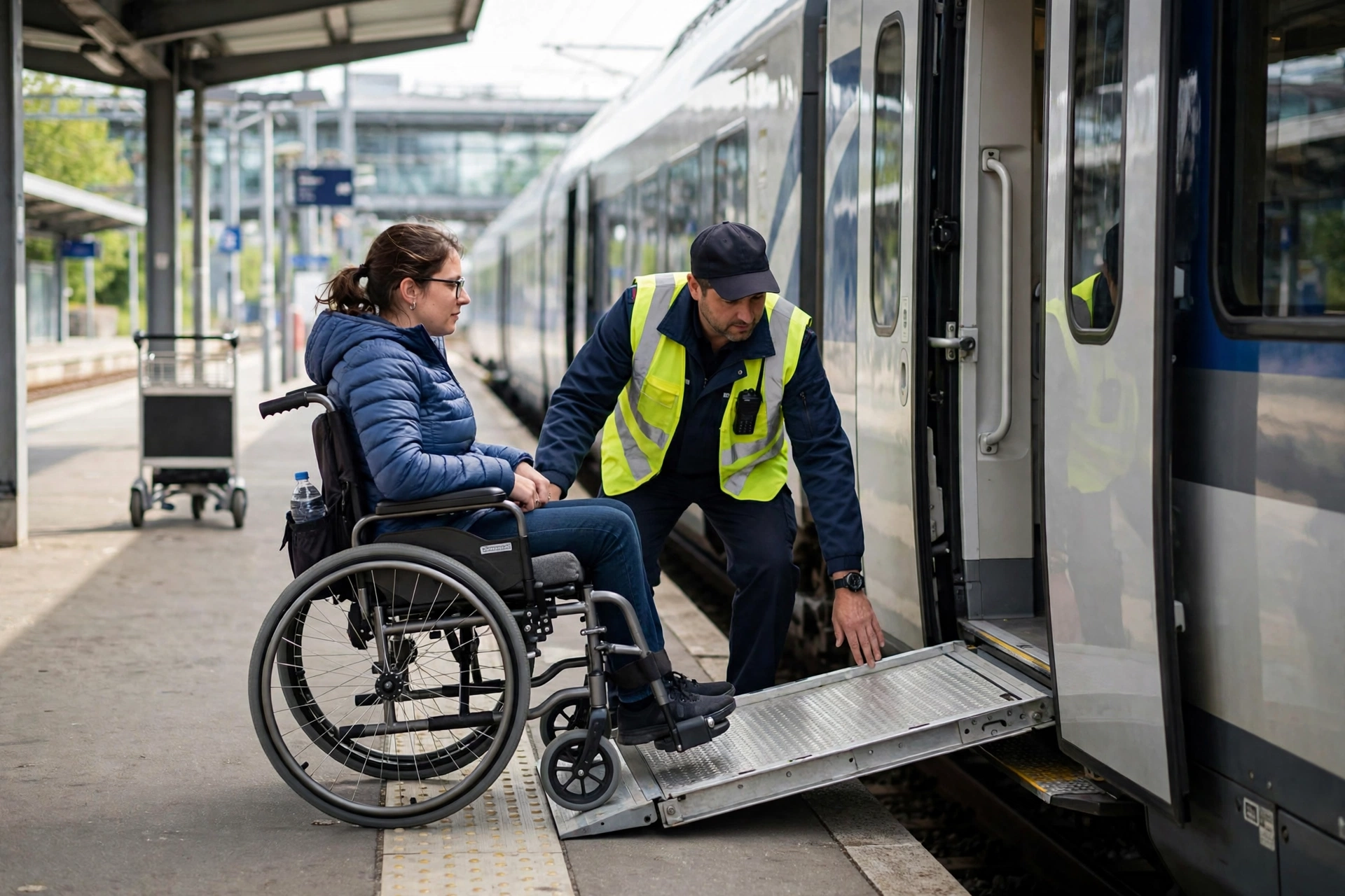 Wheelchair user boarding a modern European train via a portable ramp on a station platform
