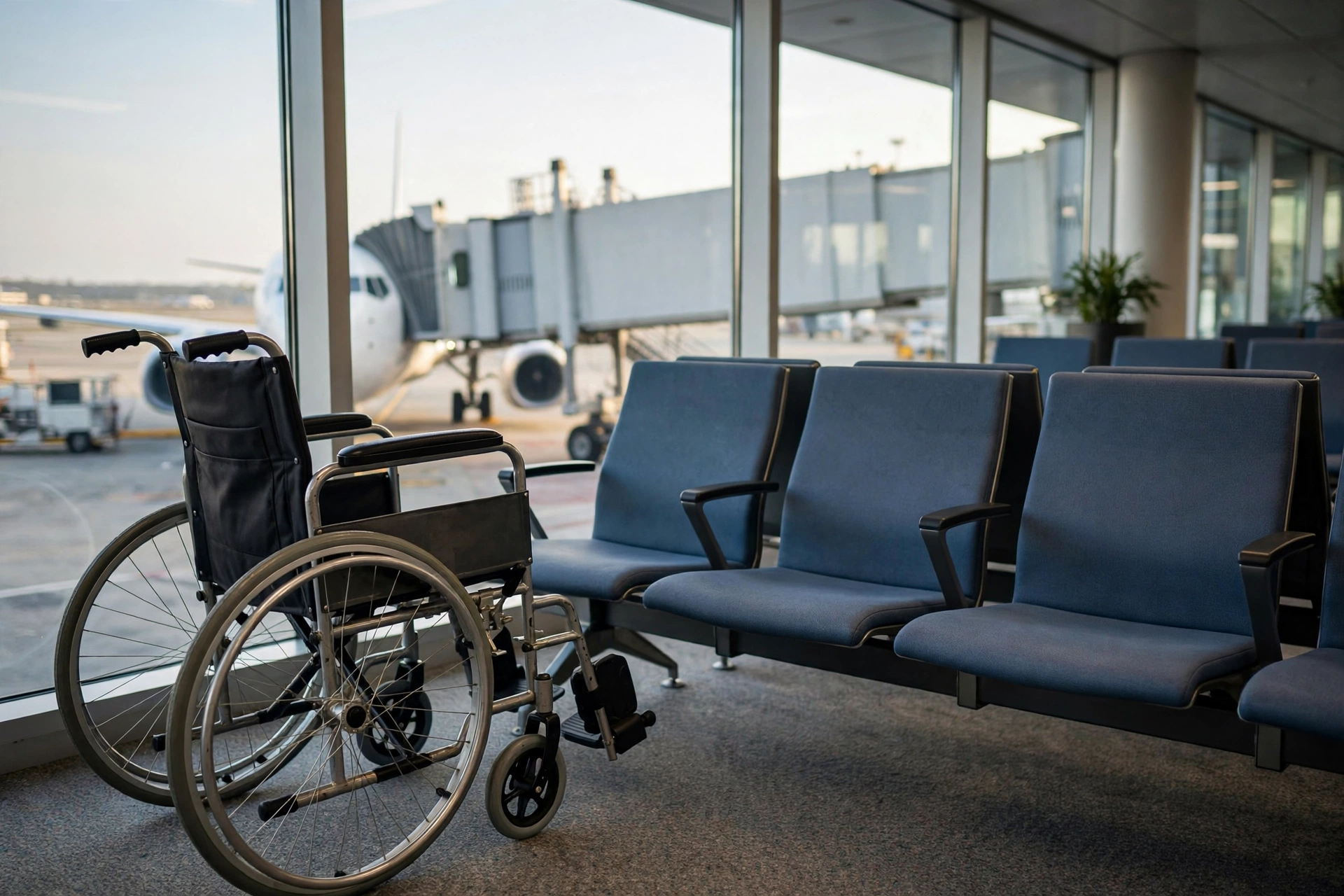 Manual wheelchair beside seating at an airport boarding gate with a jet bridge visible through the window