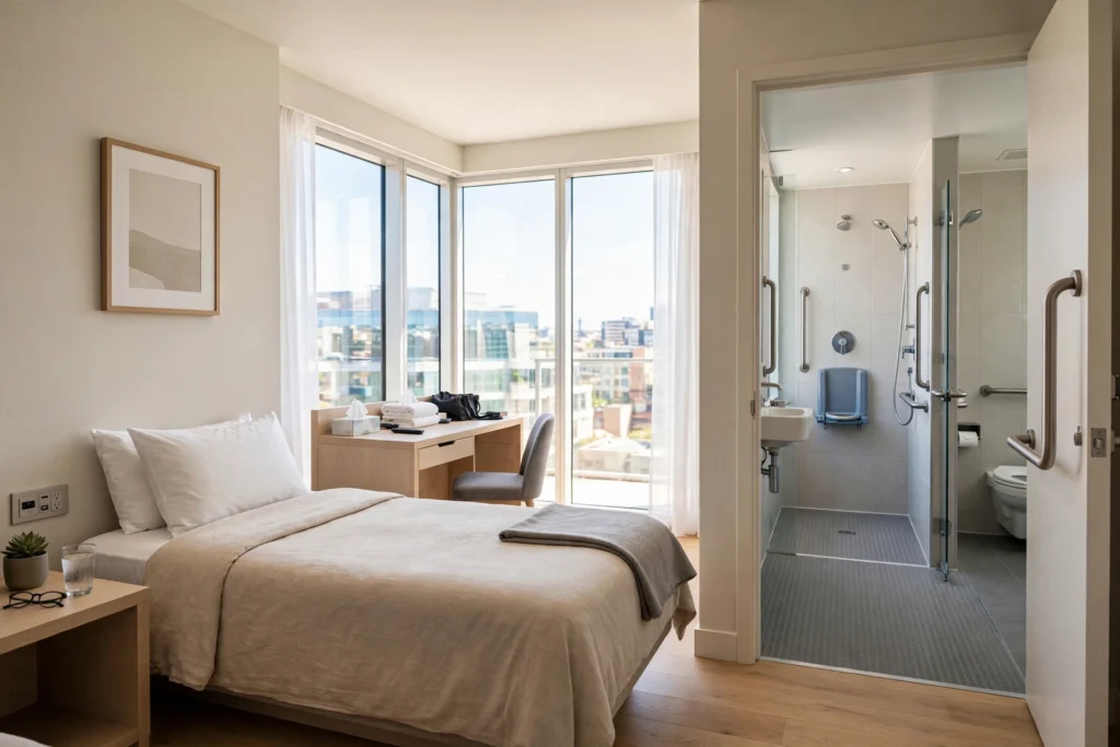 Spacious accessible hotel room with a roll-in shower visible through a wide bathroom doorway