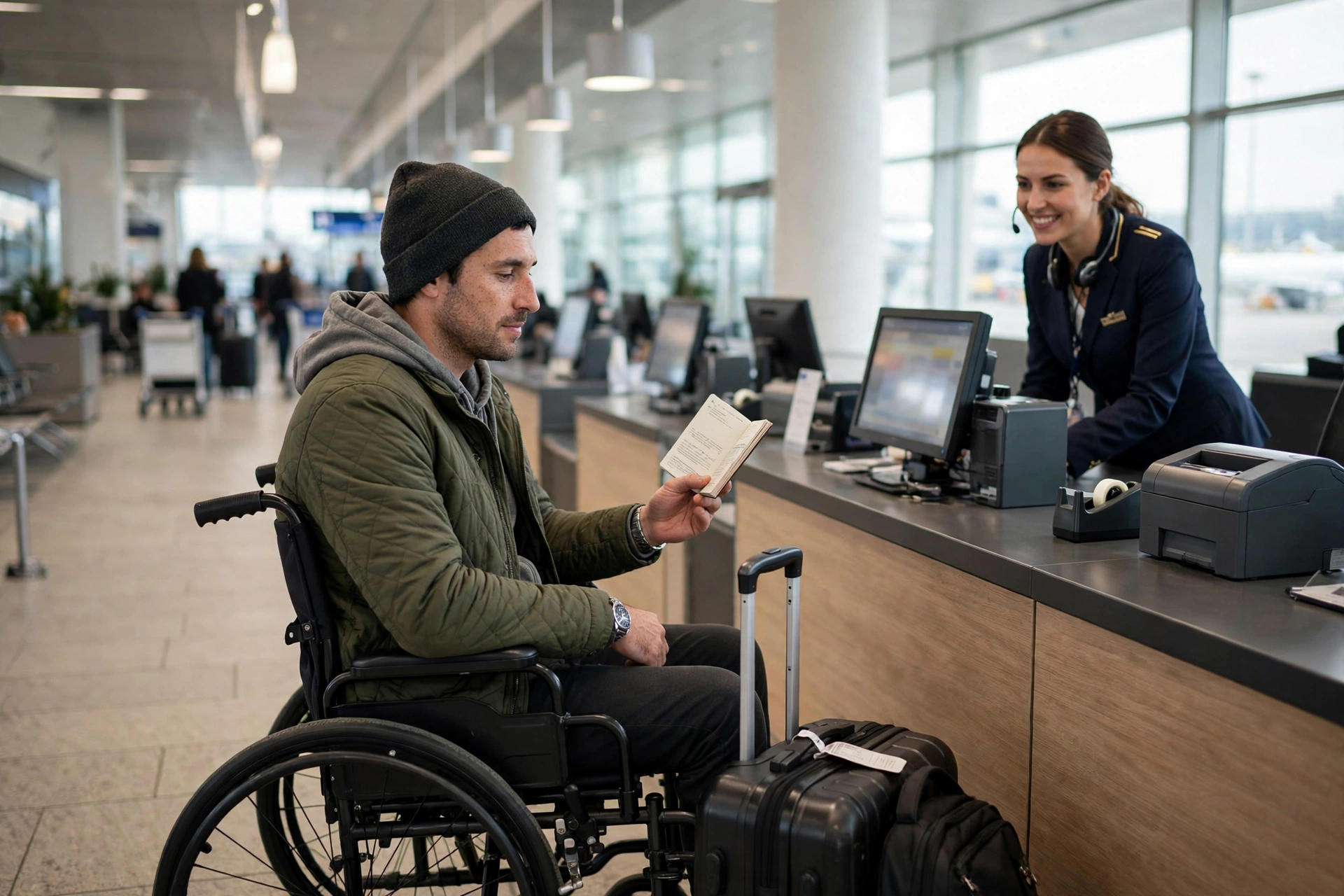Traveler in a wheelchair at an airport check-in counter holding a passport, with a suitcase beside them