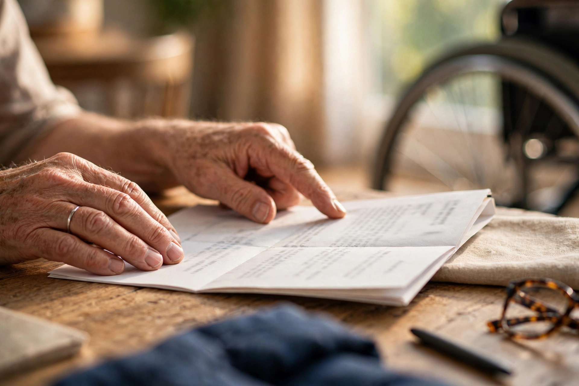 Hands reviewing a travel insurance policy document, with a wheelchair wheel visible in the background