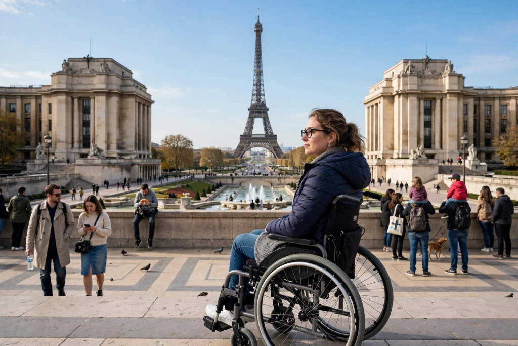 Wheelchair user viewing the Eiffel Tower from the Trocadéro plaza in Paris on a bright day