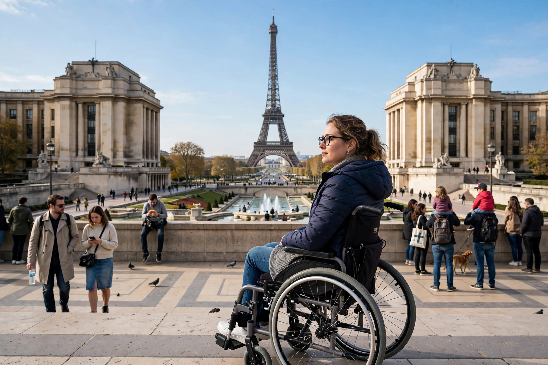 Wheelchair user viewing the Eiffel Tower from the Trocadéro plaza in Paris on a bright day