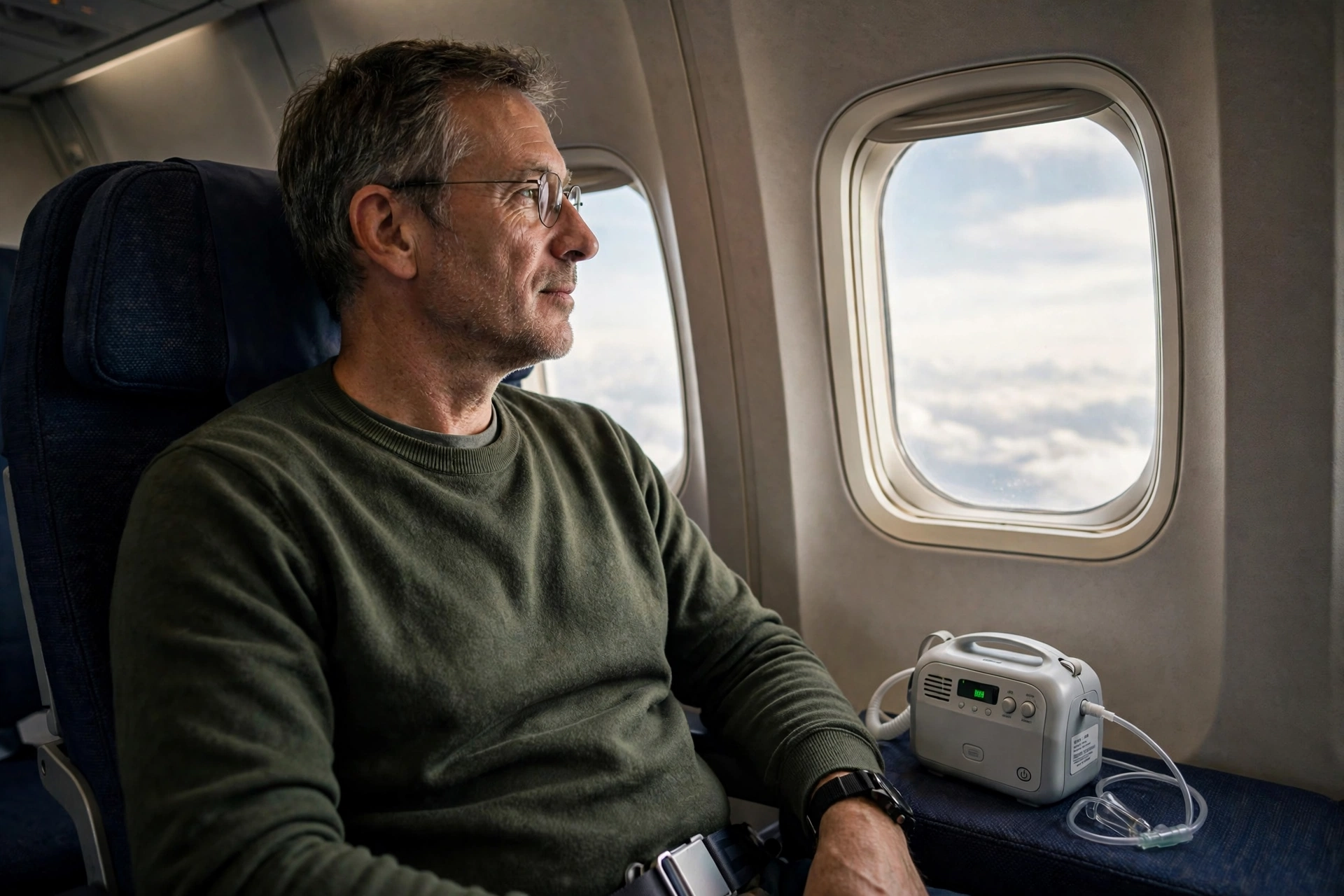 Passenger seated in an airplane cabin with a portable oxygen concentrator beside them