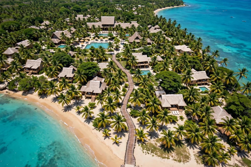 Aerial view of a tropical all-inclusive beach resort with a wooden boardwalk leading to the beach