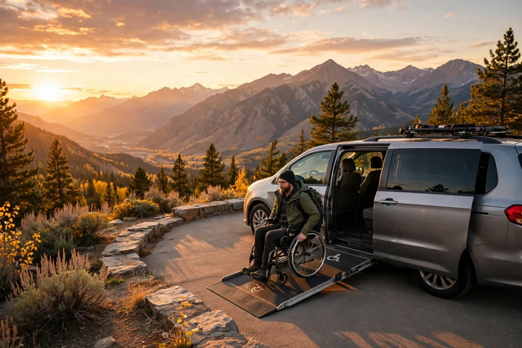 Wheelchair-accessible van with a deployed side-entry ramp at a scenic overlook, a traveler in a wheelchair boarding