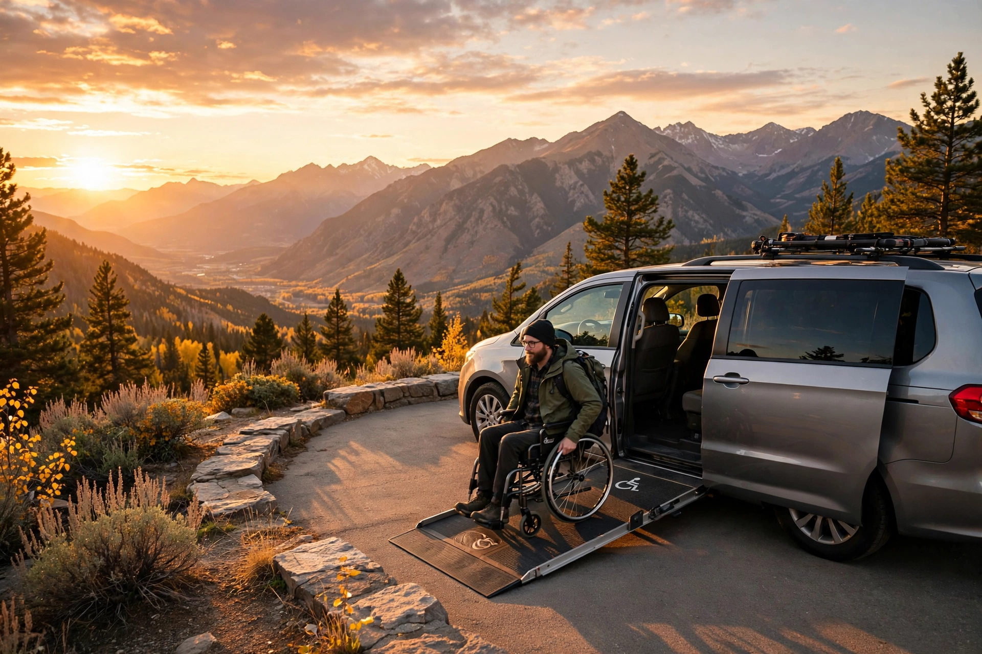 Wheelchair-accessible van with a deployed side-entry ramp at a scenic overlook, a traveler in a wheelchair boarding