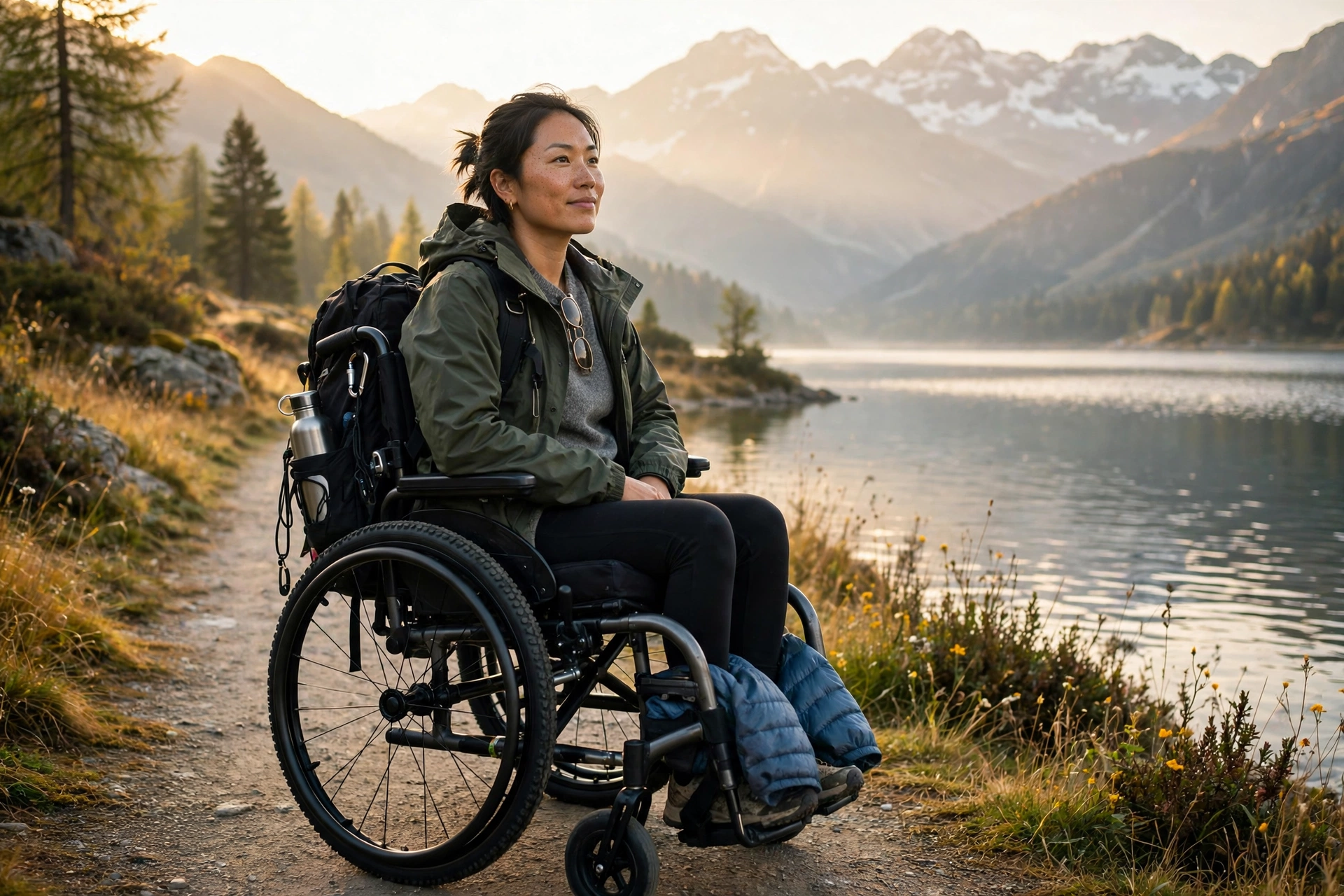 Solo traveler in a manual wheelchair on a scenic lakeside path with mountains in the distance