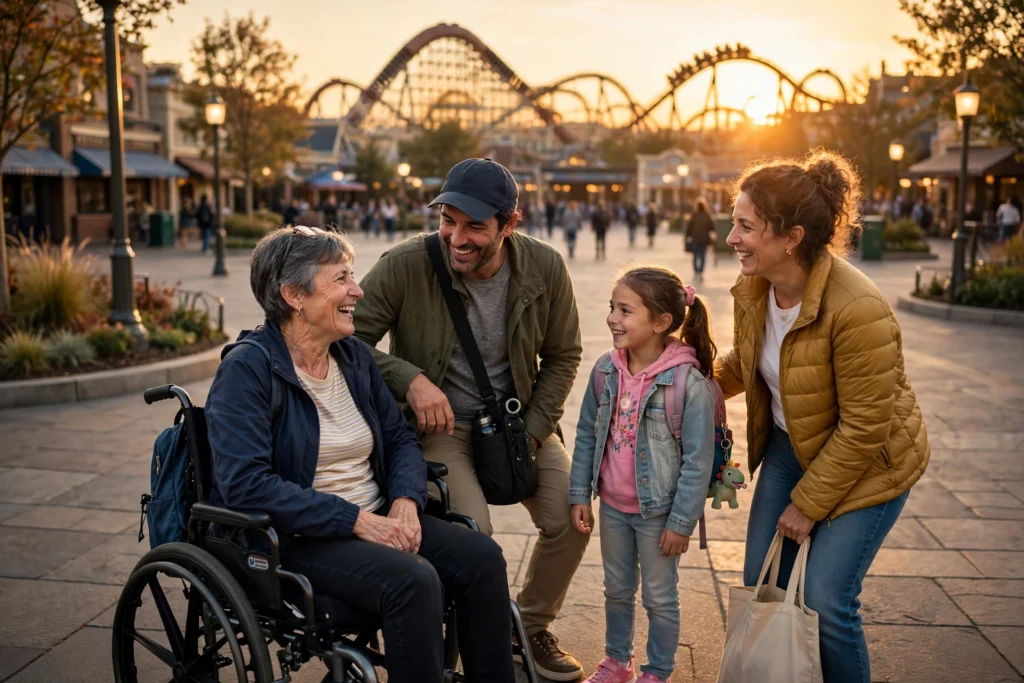 Theme park plaza with roller coaster at golden hour, family including a wheelchair user in the foreground