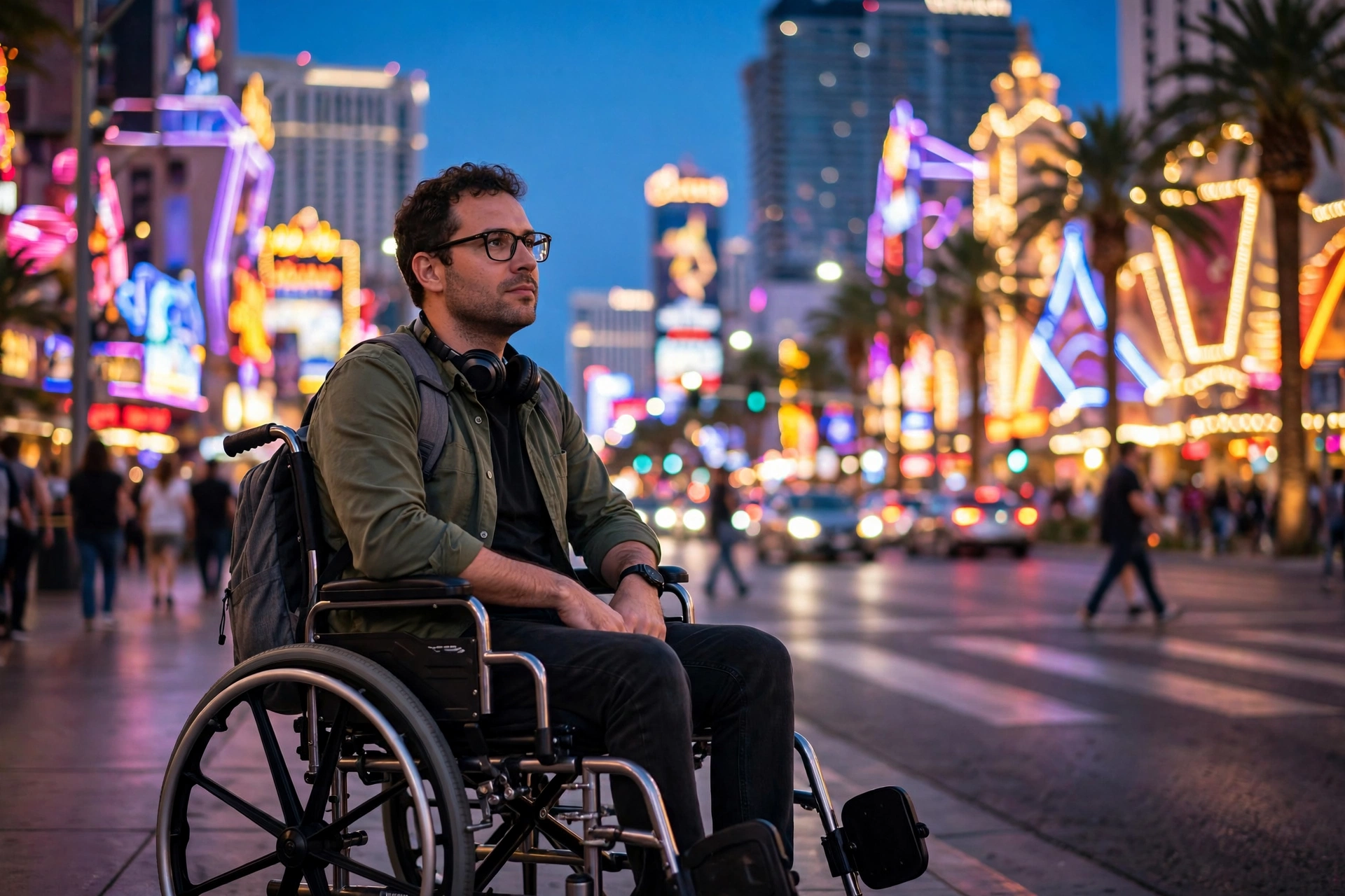 Wheelchair user on the Las Vegas Strip at dusk with neon casino signs glowing