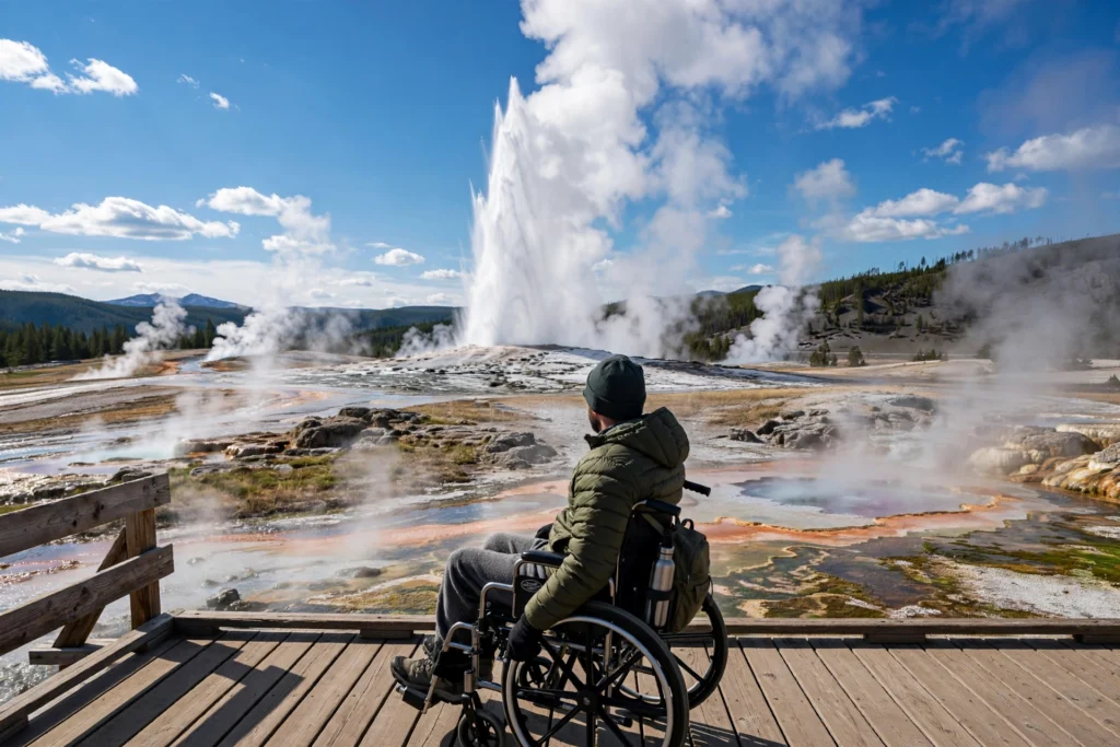 Old Faithful geyser erupting in Yellowstone as a wheelchair user watches from a wooden boardwalk