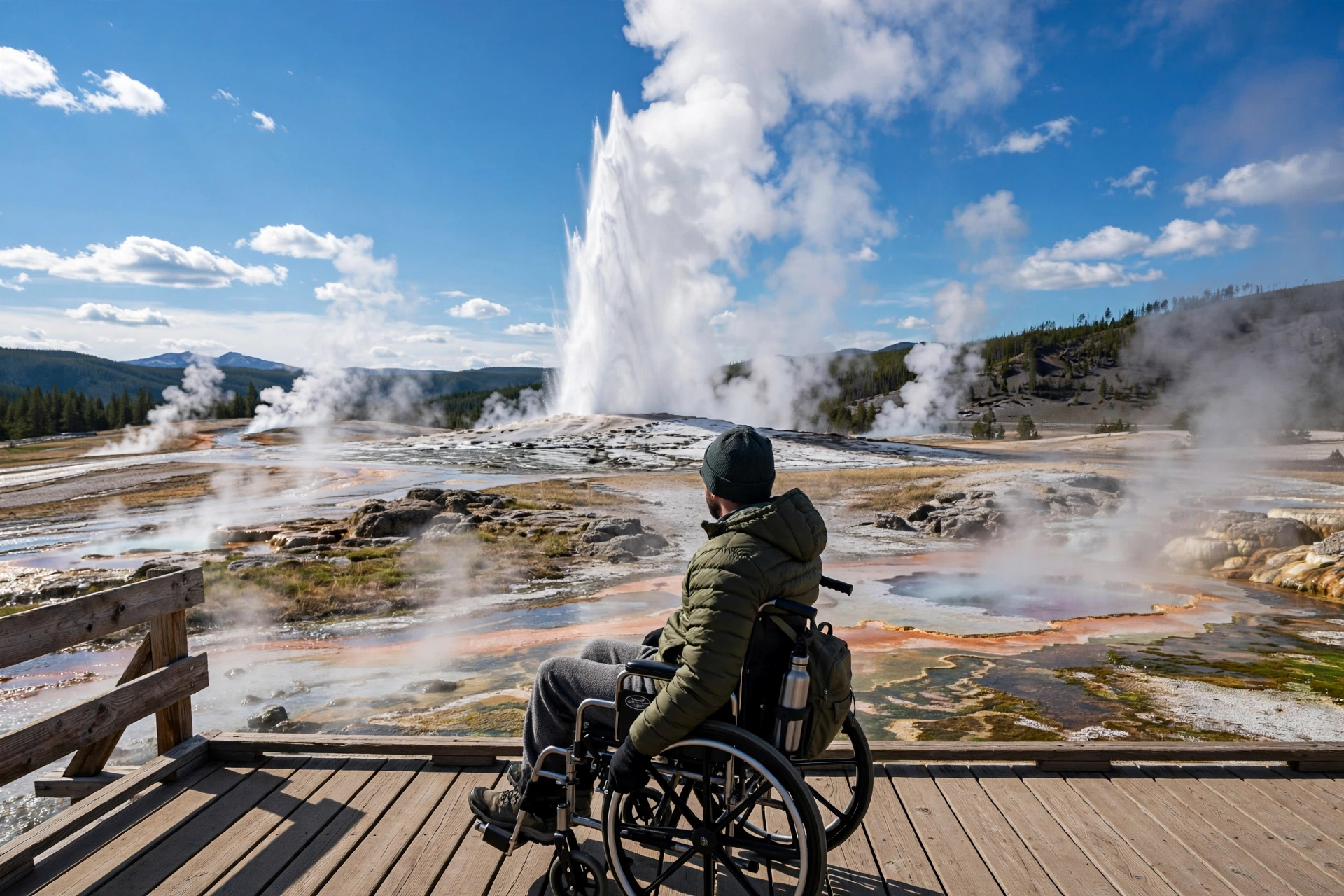 Old Faithful geyser erupting in Yellowstone as a wheelchair user watches from a wooden boardwalk