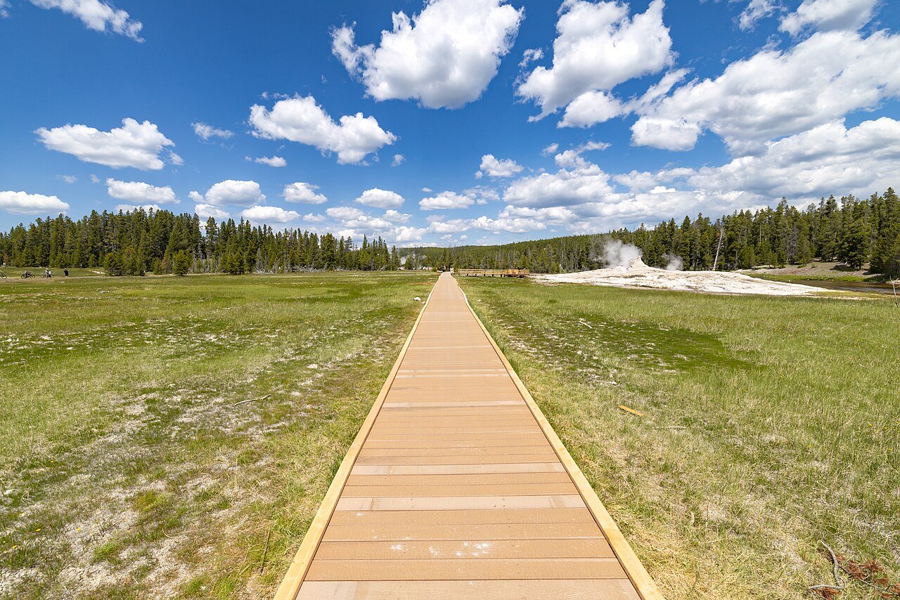 Yellowstone Wheelchair Access Guide: Geysers, Boardwalks, and Wildlife Viewing 3 A wide, flat wooden boardwalk crossing the Upper Geyser Basin near Giant Geyser, with steaming hot springs stretching into the distance